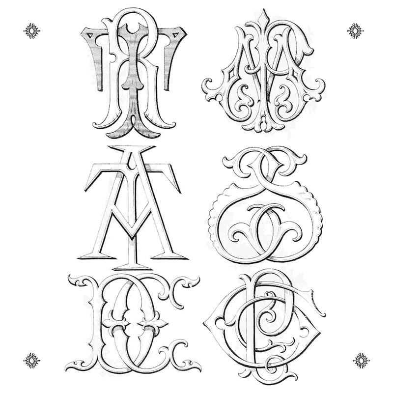 Six engraved interlaced cipher monograms from the Monograms pack: RT, MA, AMT, SC, EC, CP