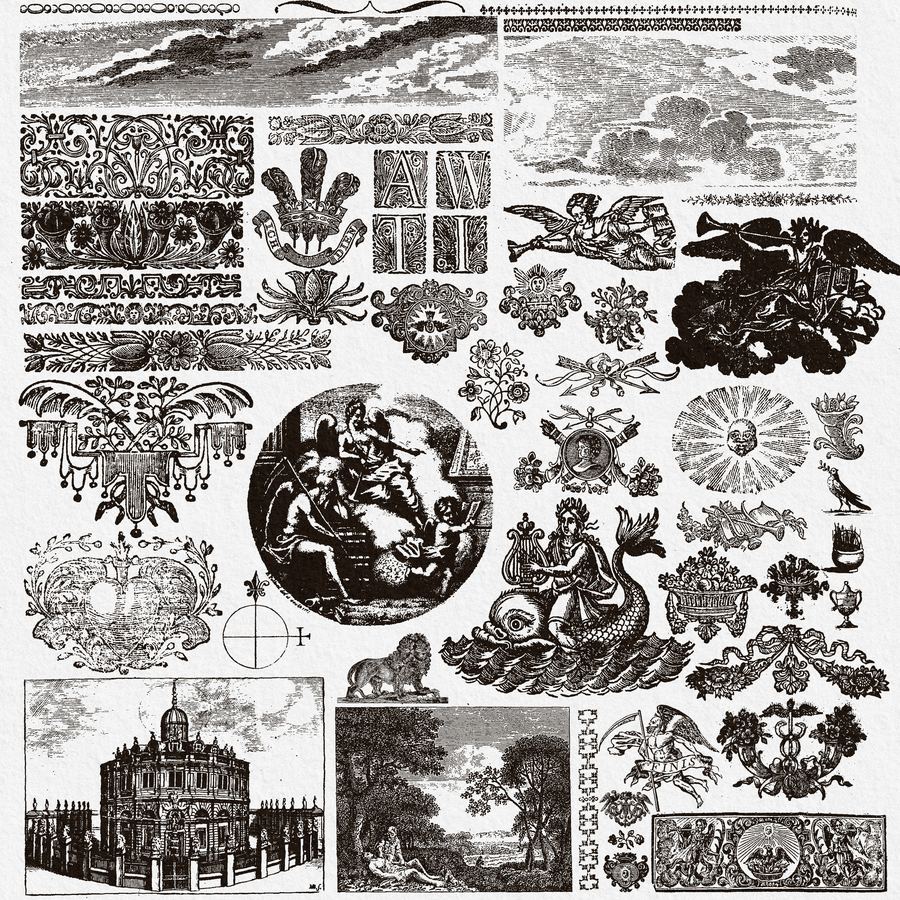 Collage of ornament cuts from the pack: florals, wreaths, borders, animals, crests and vignettes